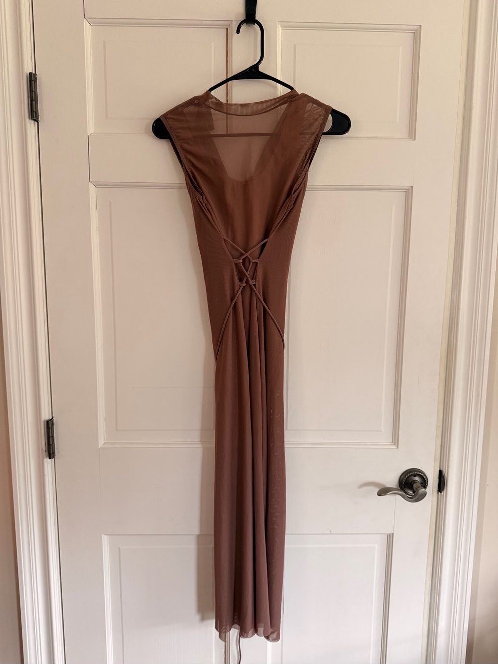 Brown Sheer Lace-Up Back Maxi Dress